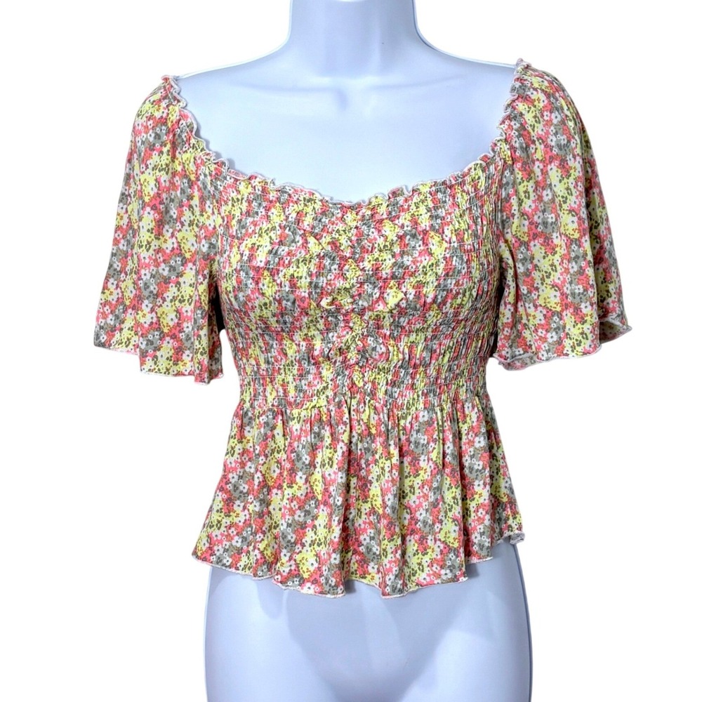 Womens Floral Smocked Peplum Crop Top Size S Boho Cottage Coquette Garden Party